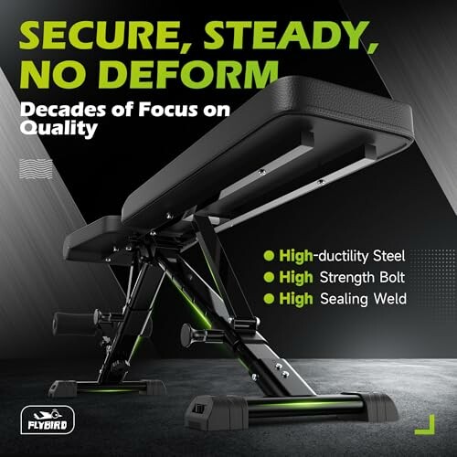 Adjustable weight bench with high-ductility steel and strength bolt.