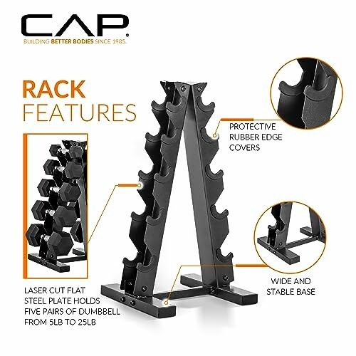 Dumbbell storage rack with protective rubber edge and stable base.