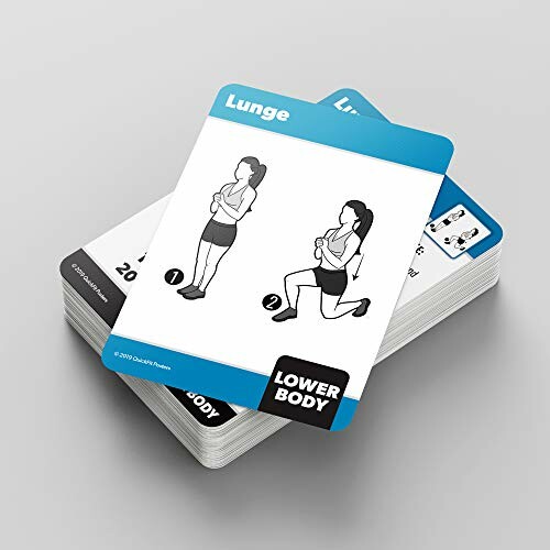 Stack of exercise cards showing a lunge workout diagram.