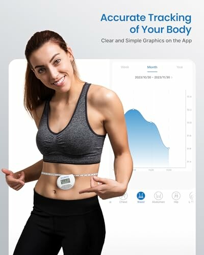 Woman using body measurement tracker with app interface.