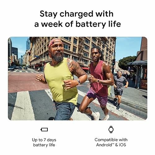 Two men jogging in a city, highlighting a fitness tracker with up to 7 days battery life, compatible with Android and iOS