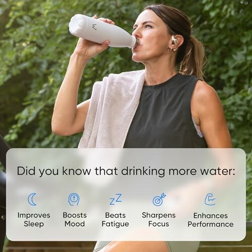 Woman drinking water after workout with benefits list.