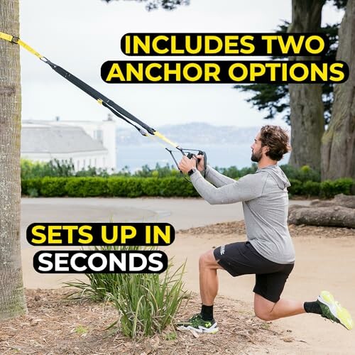 Man using a suspension trainer outdoors with text 'Includes two anchor options. Sets up in seconds.'