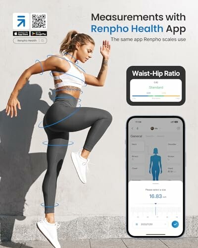 Renpho smart tape measure displaying measurement with smartphone app interface.