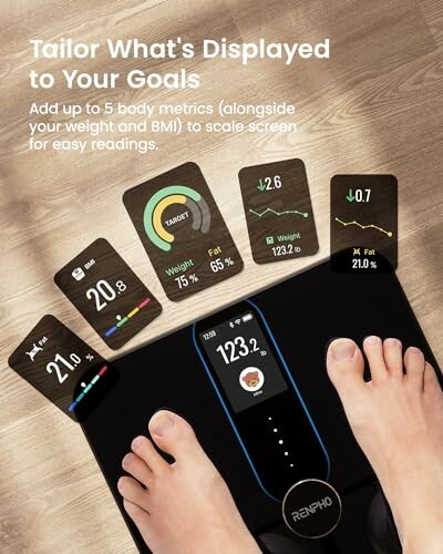 Person using a smart scale with customizable digital display showing body metrics