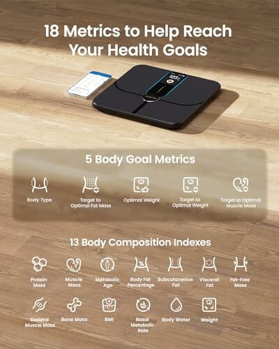 Smart scale displaying body metrics and health goals