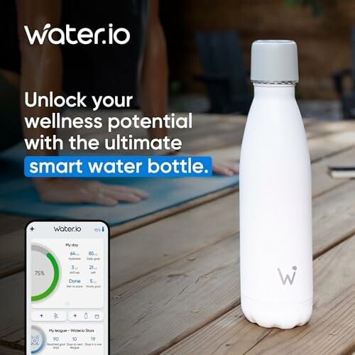 Smart water bottle with app interface on table.