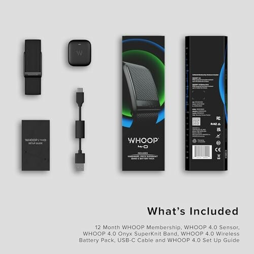 WHOOP 4.0 sensor and accessories included in the package.