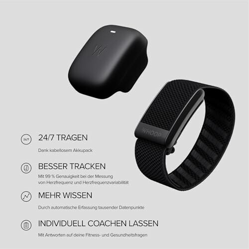 Whoop fitness tracker and charger with German text on features.